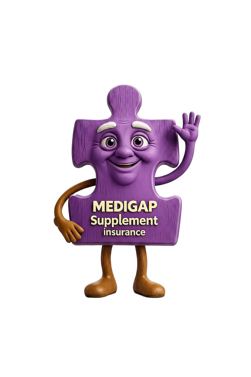 Medigap supplement insurance mascot — friendly purple puzzle-piece character waving