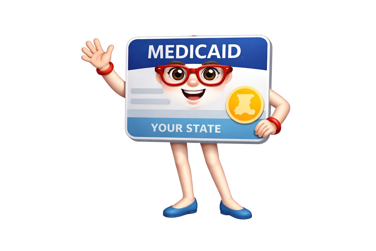 Medicaid guide character holding a Medicaid state ID card