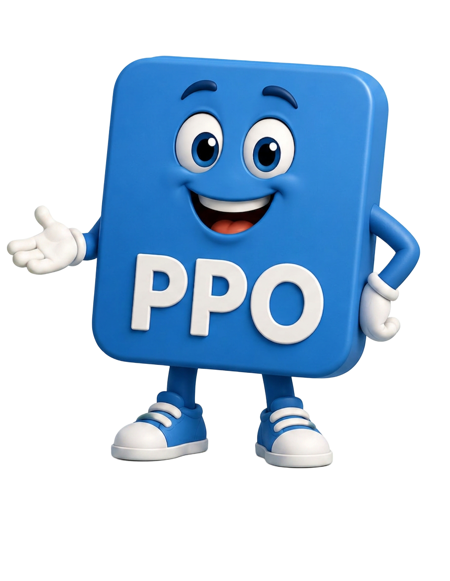 PPO guide character — a blue friendly mascot for PPO plans
