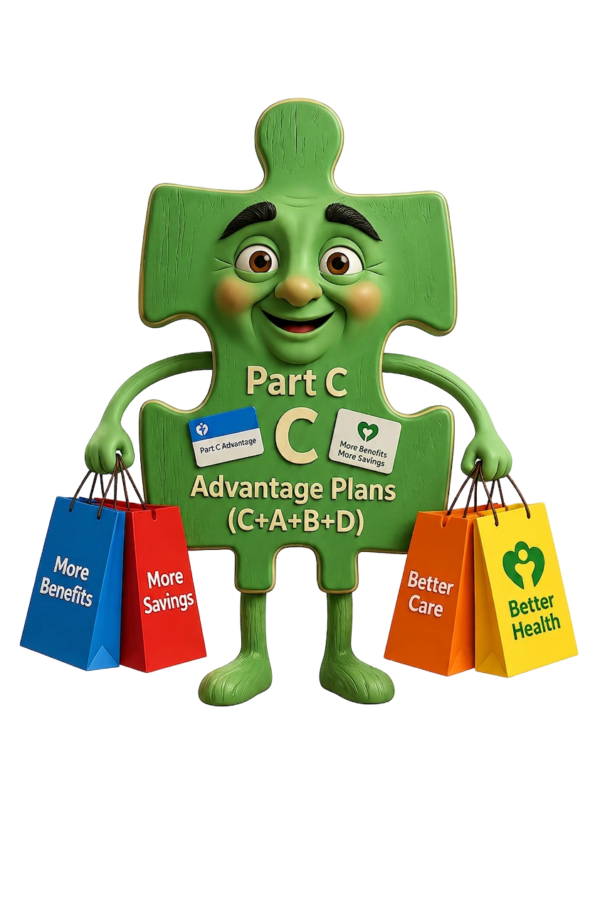 Medicare Part C Advantage mascot character with benefit shopping bags