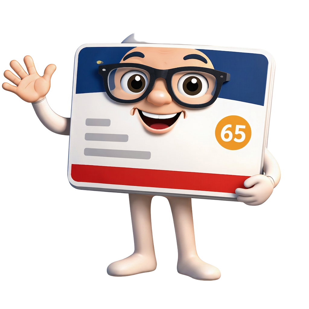 Medicare guide character holding a red, white and blue Medicare card