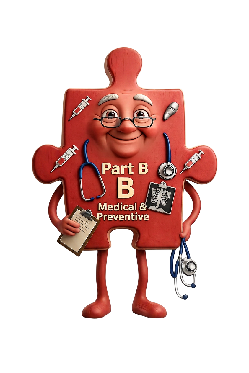 Medicare Part B mascot character with medical and preventive care tools