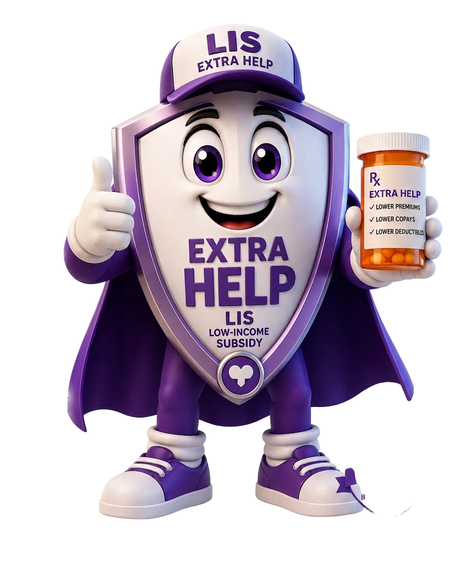 LIS Extra Help guide character — a purple shield mascot with a prescription bottle