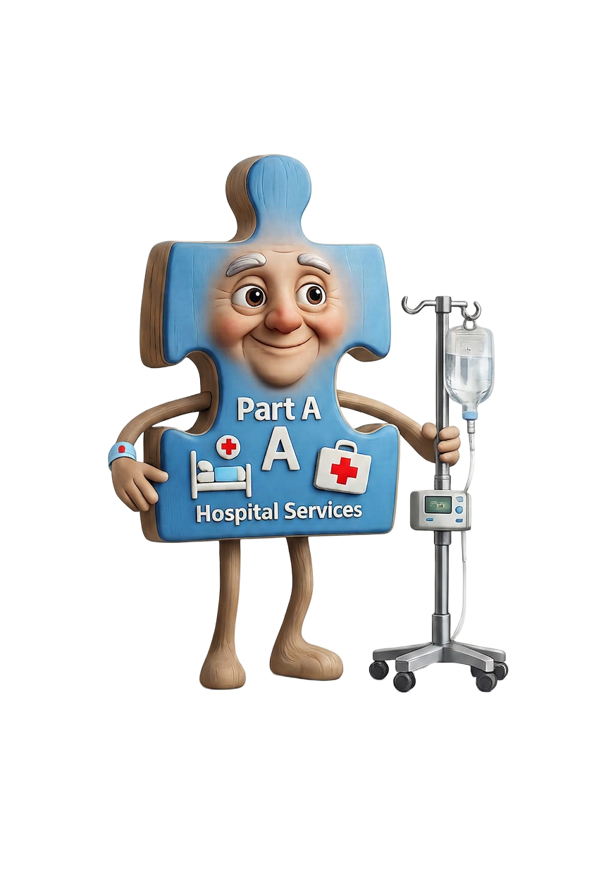 Medicare Part A mascot character with hospital services and IV stand