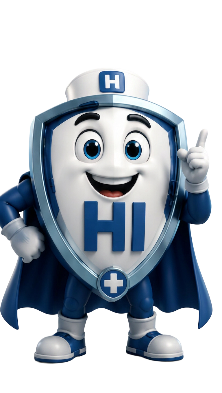 HI Shield character — a friendly shield mascot for hospital indemnity coverage