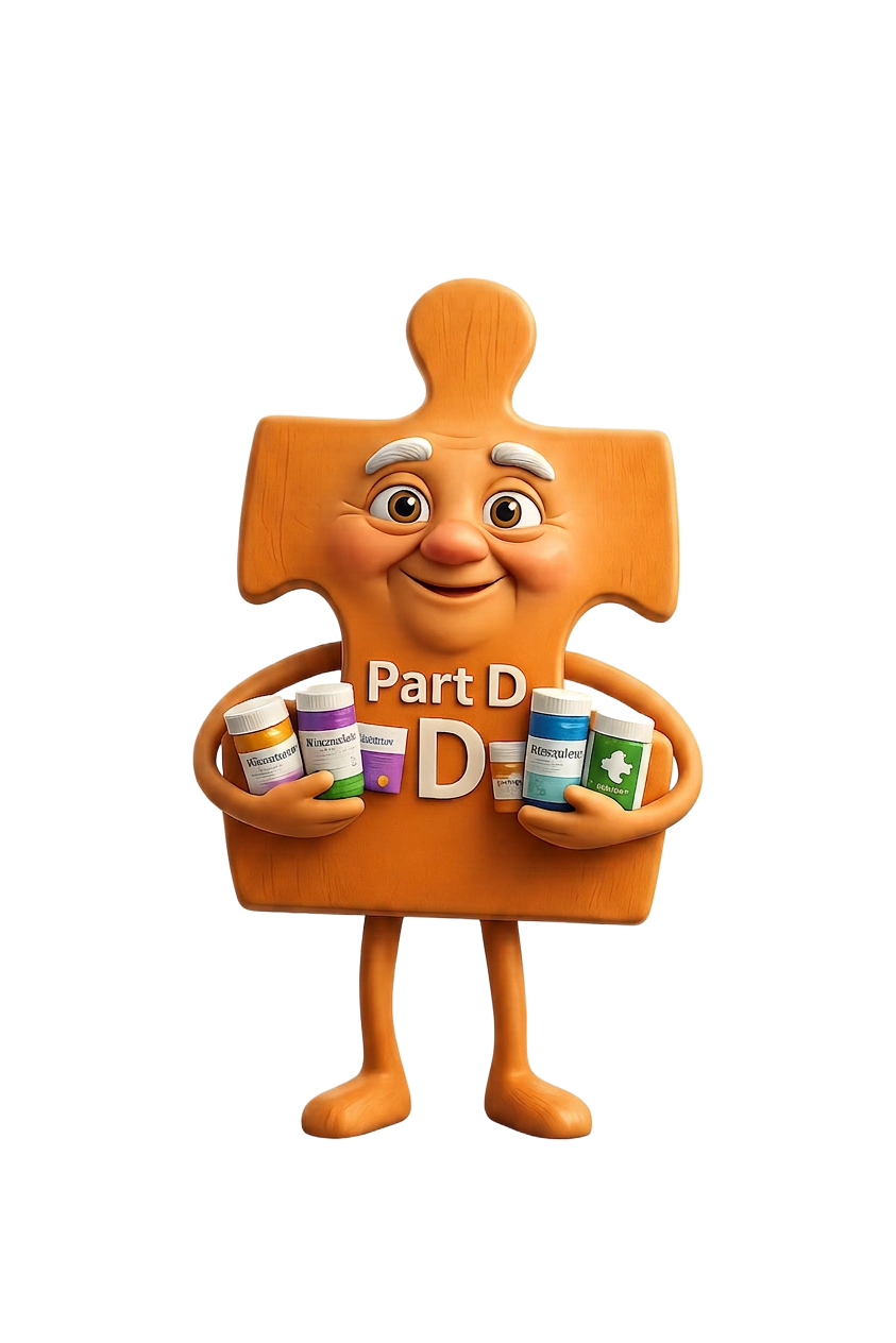Medicare Part D mascot character holding prescription medicine bottles